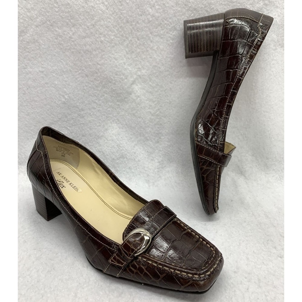 ANNE KLEIN I-Flex Slip On Leather Block Heel Shoes Women's Size 9M Square Toe